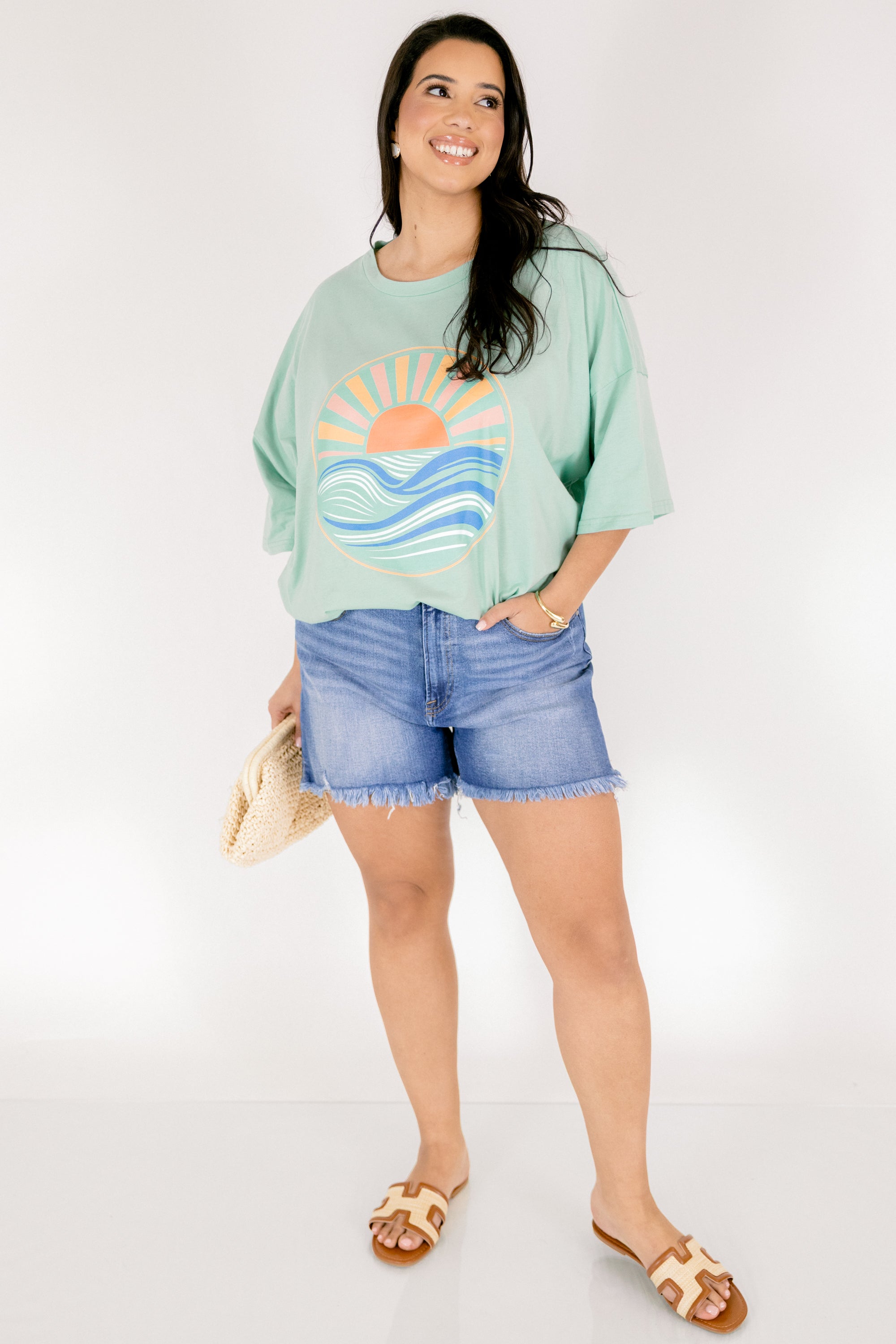 Sunset Season Boyfriend Tee, Light Green 3 Sunset Season Boyfriend Tee, Light Green - Image 3