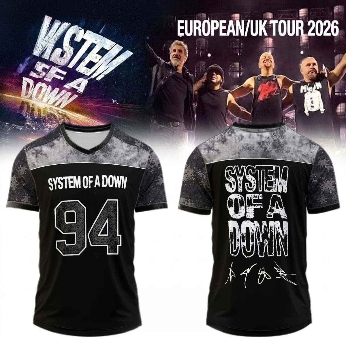 System of a Down Europe UK Stadium Tour 2026 Black Football Jersey #94 Gift for Fans