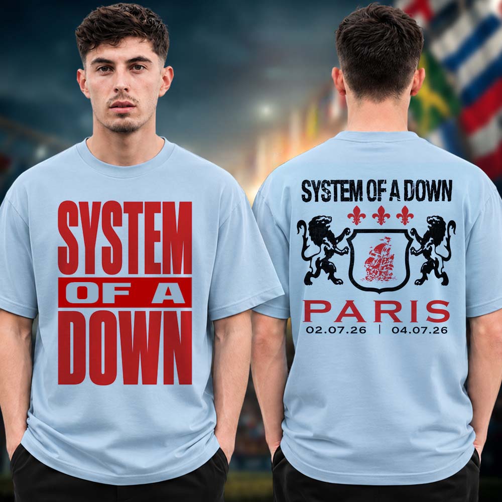 System Of A Down Exclusive Paris France Tee Pop Up Shop European And UK Stadium Tour 2026 On July 2 4 2026 Light Blue Two Sided Unisex T Shirt