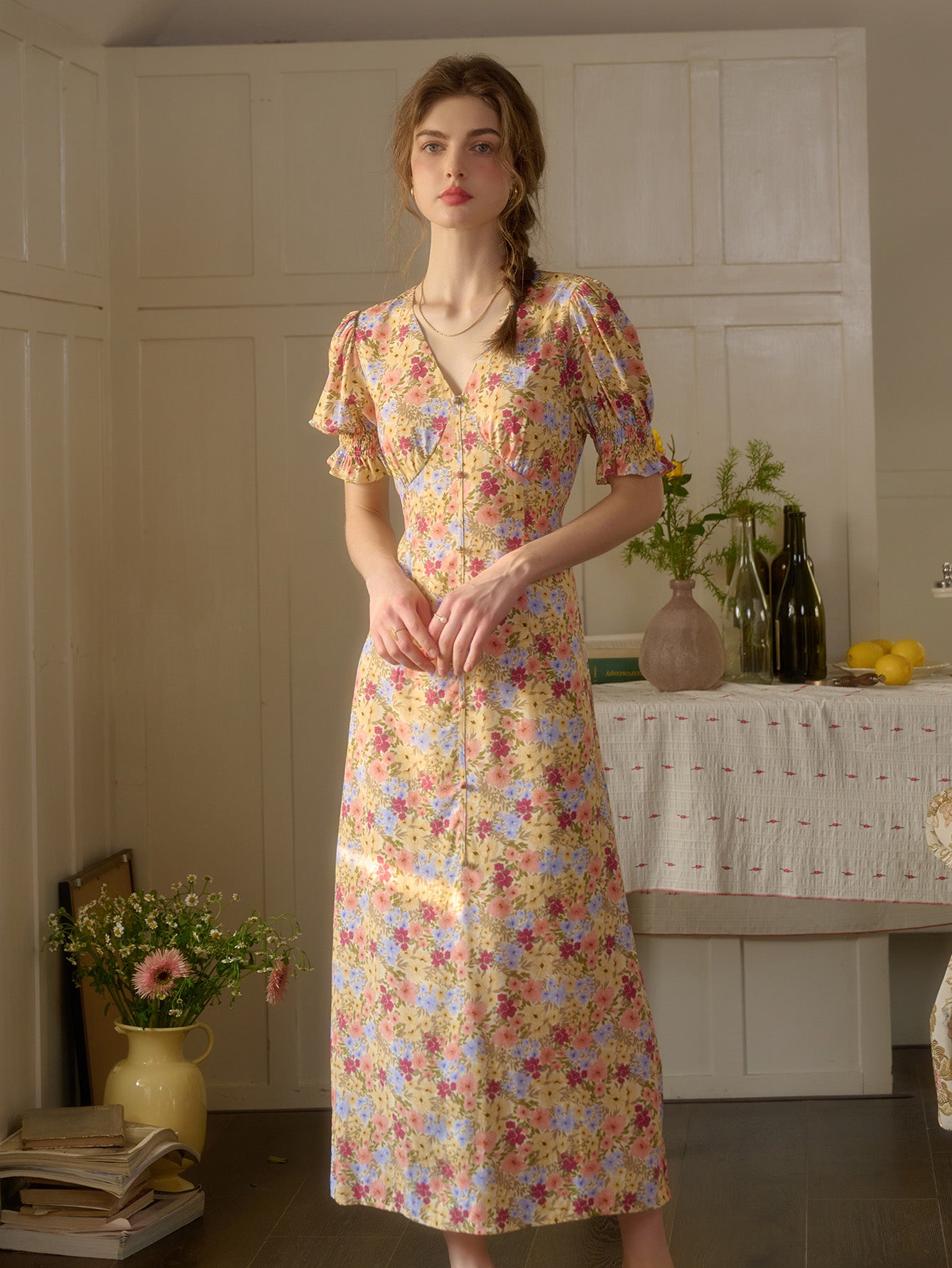 Syzygy Red Floral V-Neck Short Puff Sleeve Flowy Maxi Dress Good Stylists