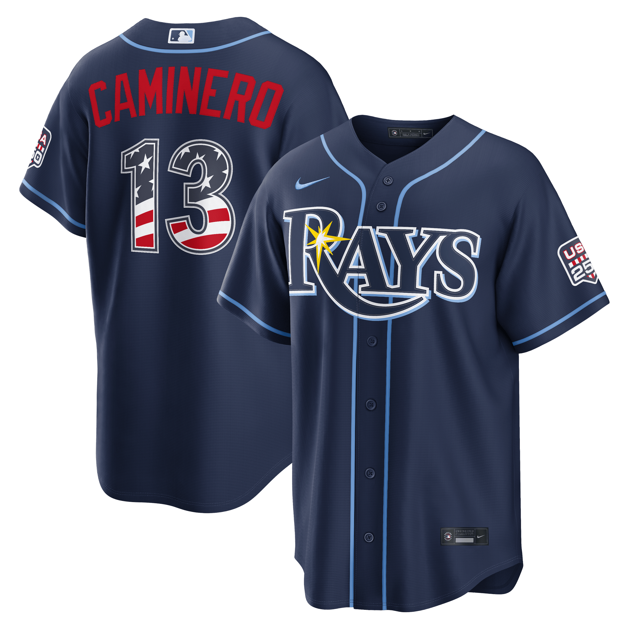 Tampa Bay Rays Junior Caminero Navy USA 250 Fourth of July Road Baseball Jersey