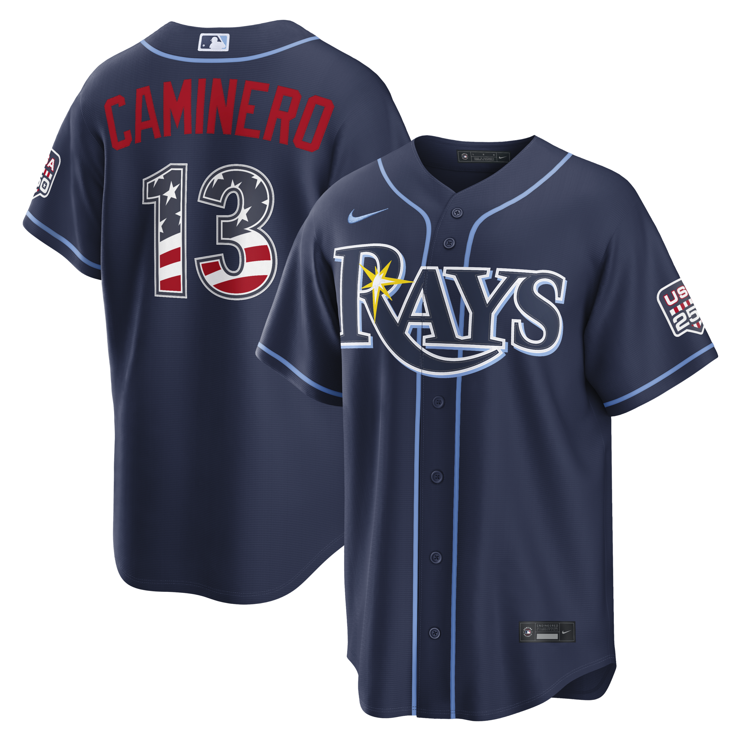 Tampa Bay Rays Junior Caminero Navy USA 250 Fourth of July Road Baseball Jersey_1