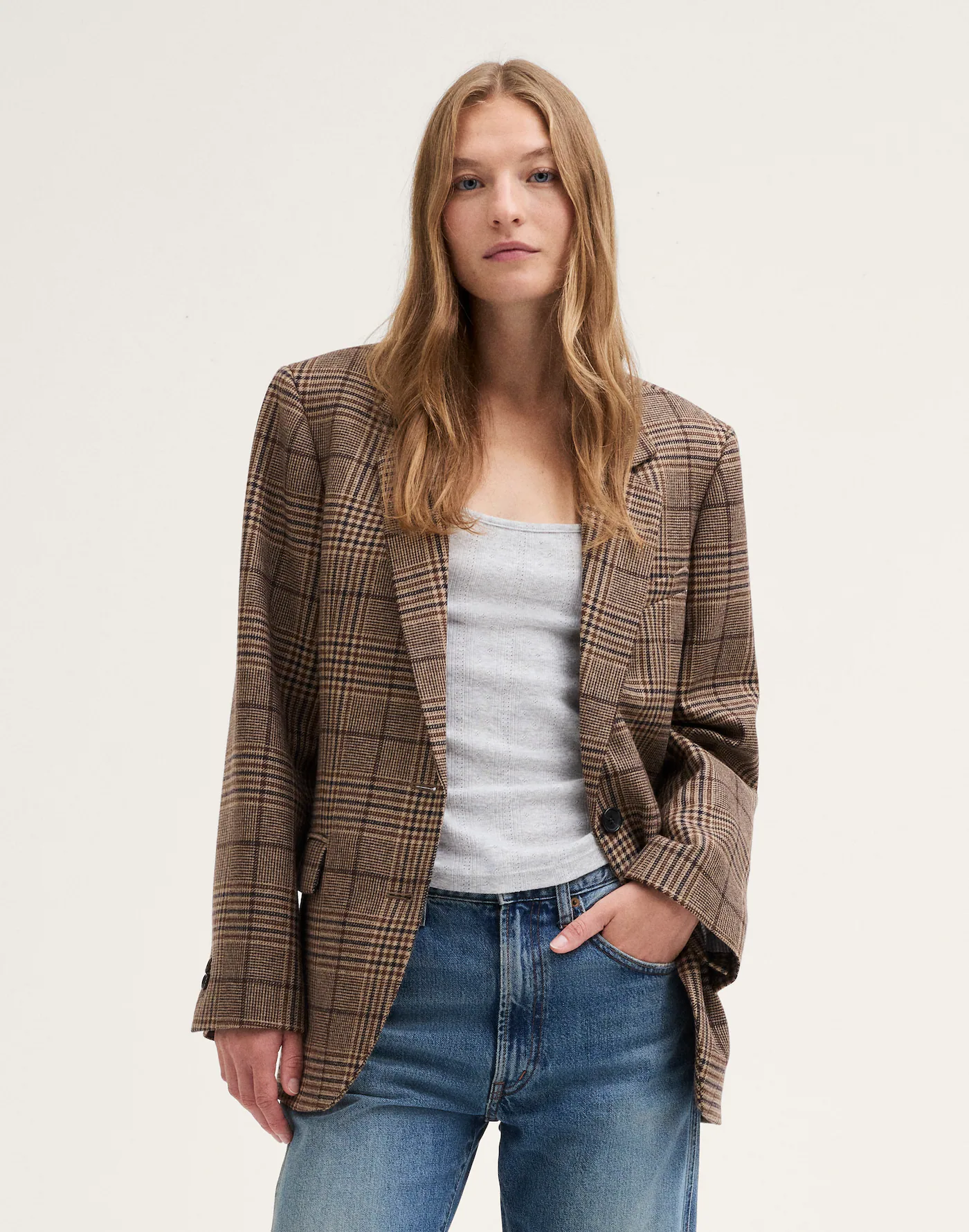 Teeyoulove Brown Zenvoria Classic Plaid Single Breasted Blazer with Notched Lapels