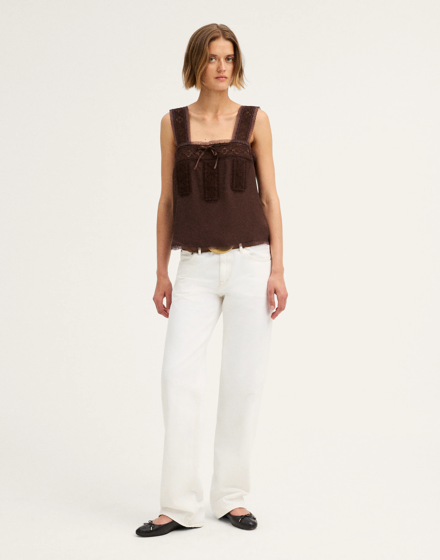 Teeyoulove Chocolate Brown Velmoria Top with Lace Trim and Bow Detail