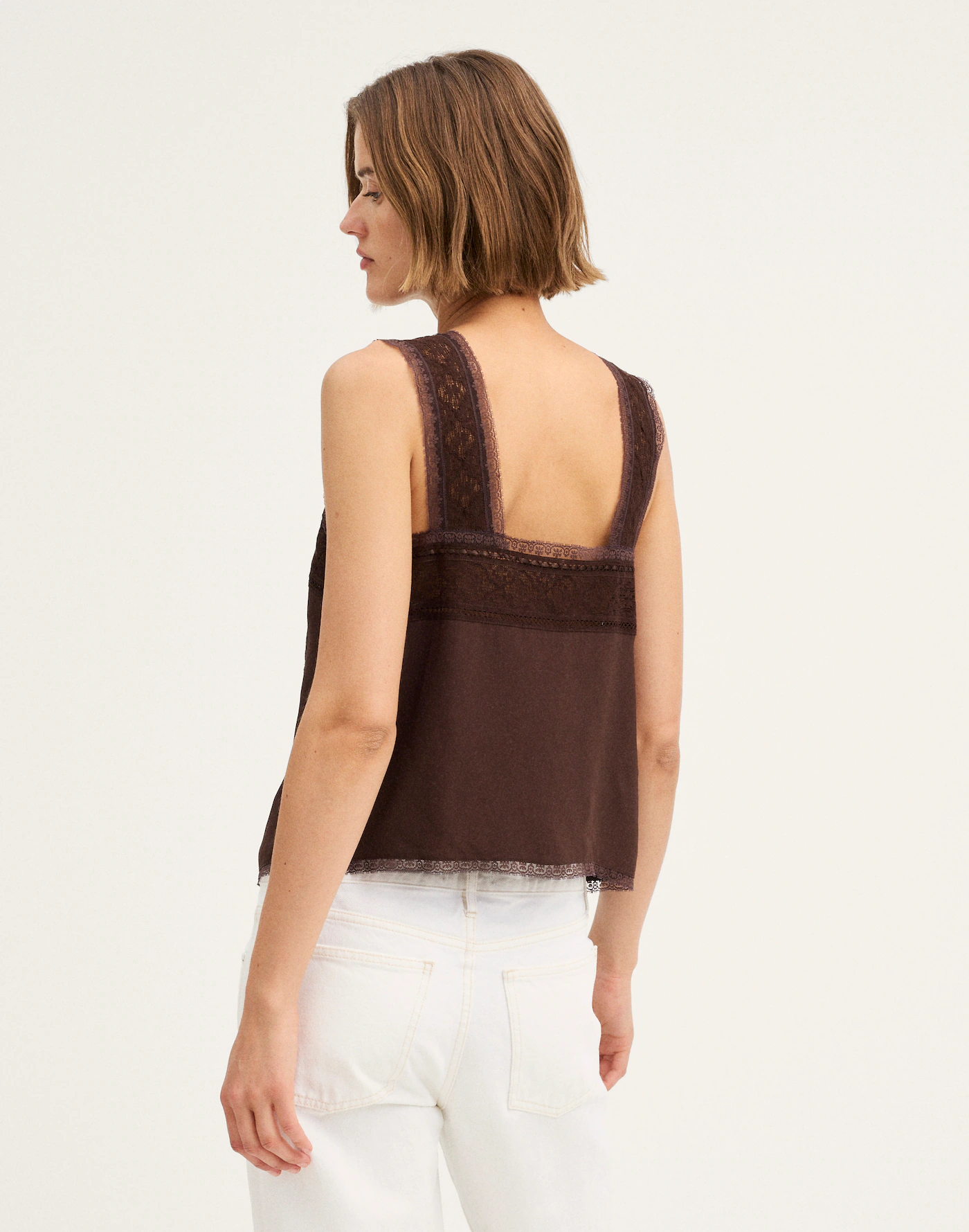 Teeyoulove Chocolate Brown Velmoria Sleeveless Top with Bow and Lace Details