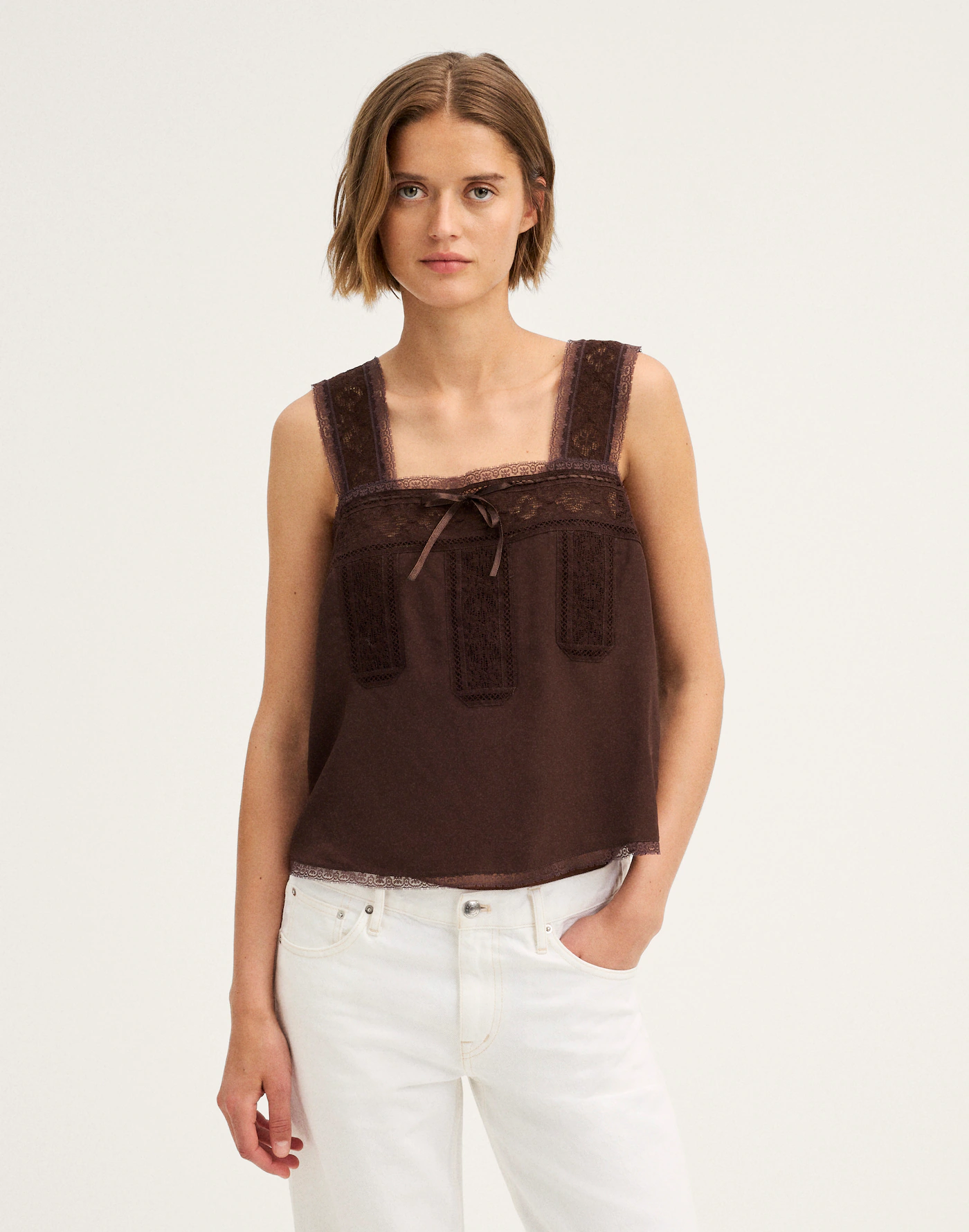 Teeyoulove Chocolate Brown Velmoria Square Neck Lace Trim Sleeveless Top with Bow Detail