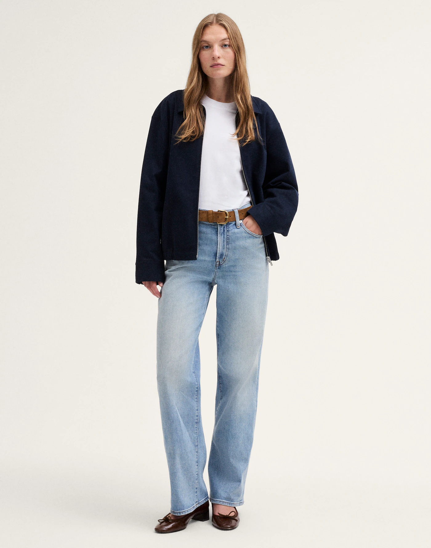 Teeyoulove light blue high rise straight leg jeans with faded wash front view