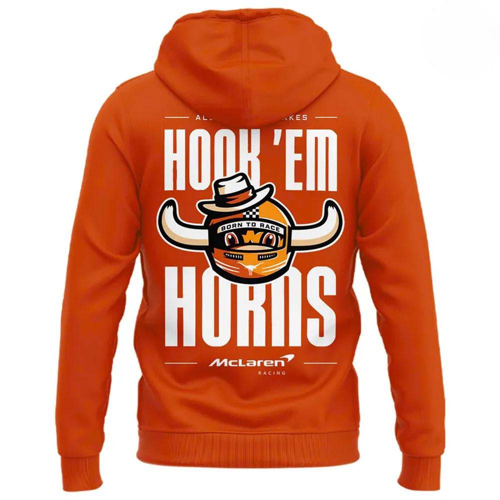 Back view of the Texas Longhorns x McLaren Racing orange hoodie