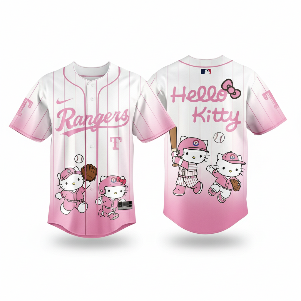 Texas Rangers Hello Kitty Night 2026 White Pink Baseball Jersey_1