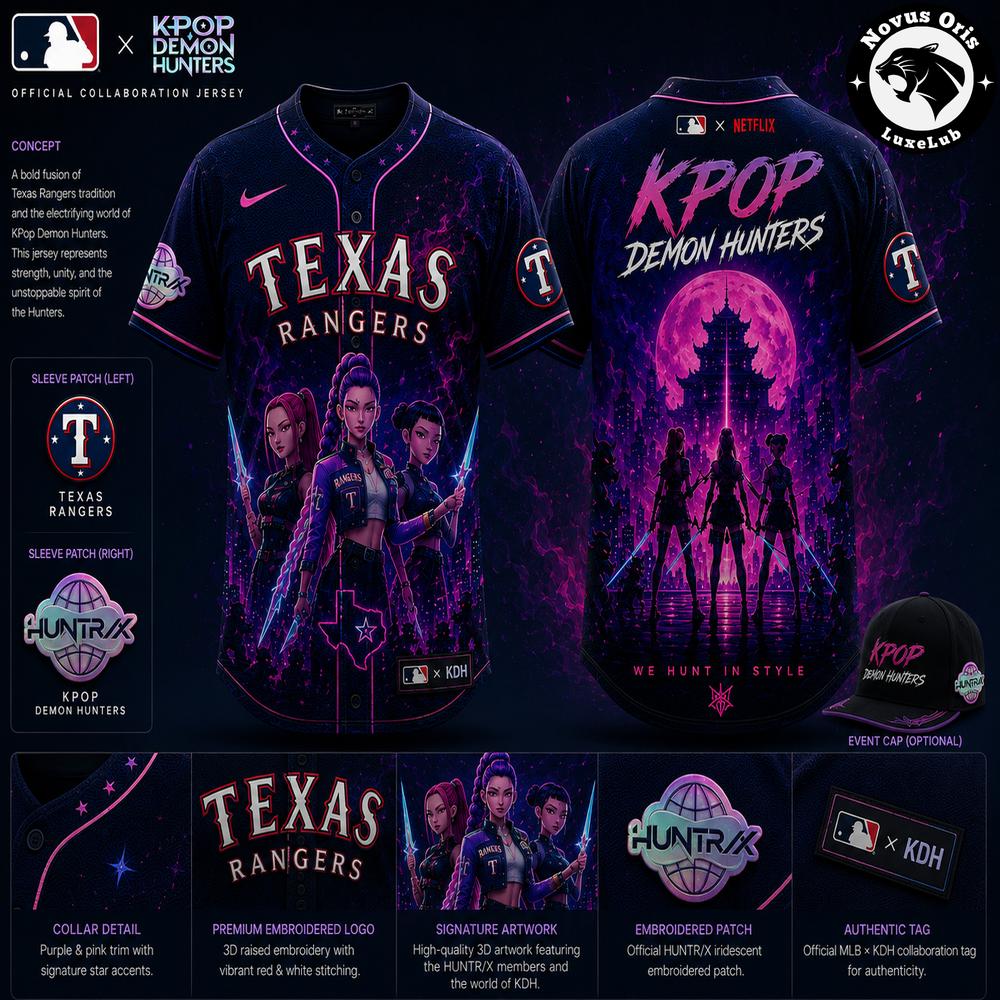 Texas Rangers MLB x KPop Demon Hunters Night Edition Jersey 1 - Unicasport Texas Rangers MLB x KPop Demon Hunters Night Edition Jersey