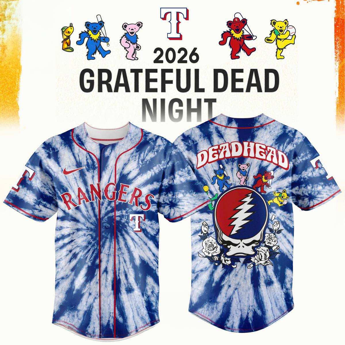 Grateful Dead x Texas Rangers 2026 Dancing Bears Baseball Jersey