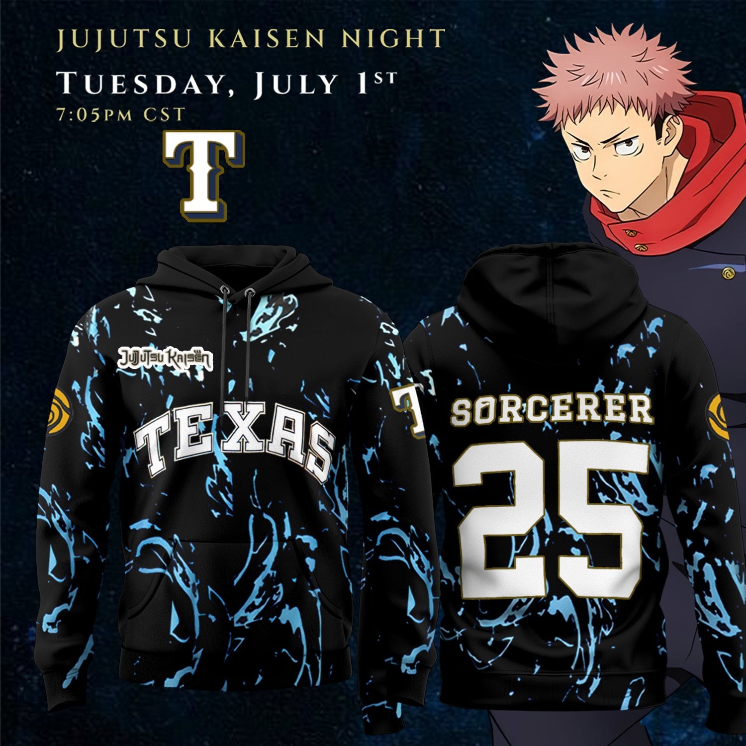 Texas Rangers X Jujutsu Kaisen Hoodie Jujutsu Kaisen Night Merch Best Gifts For Fans