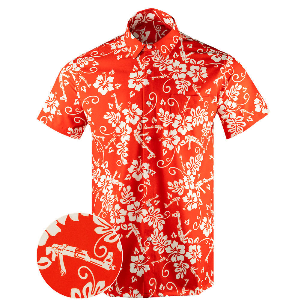 The Aloha Red White Button Down Shirt Tactical Tropical Print Shirt Gifts For Gun Lovers