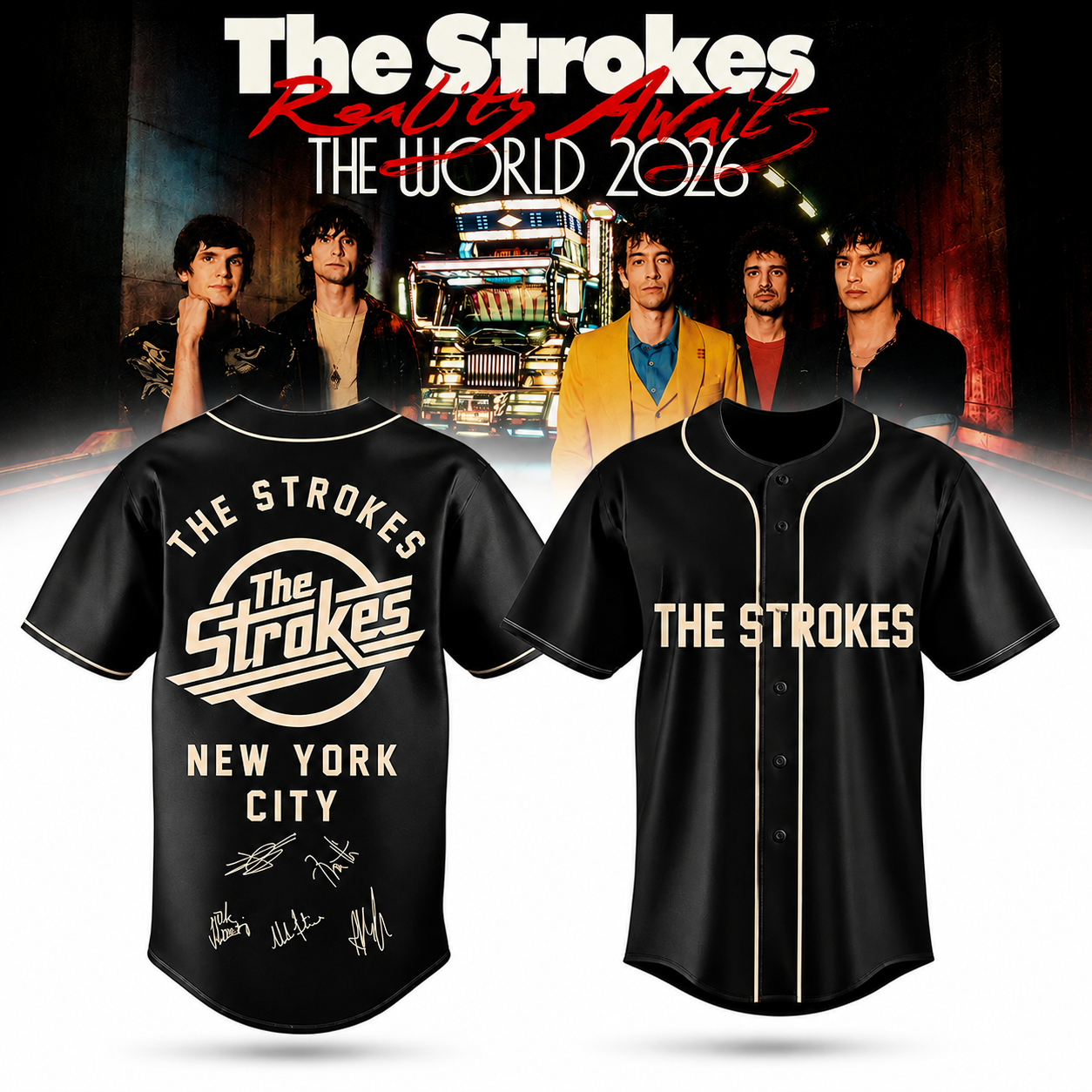 The Strokes Reality Awaits New York City 2026 Signature Baseball Jersey Merch