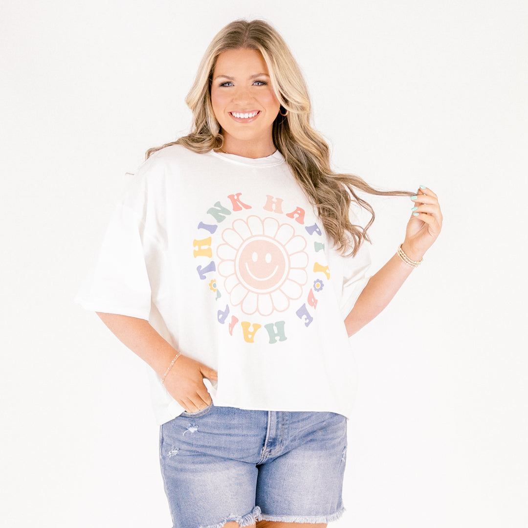 Think Happy Be Happy Vintage Wash Tee, White 6 Think Happy Be Happy Vintage Wash Tee, White - Image 6