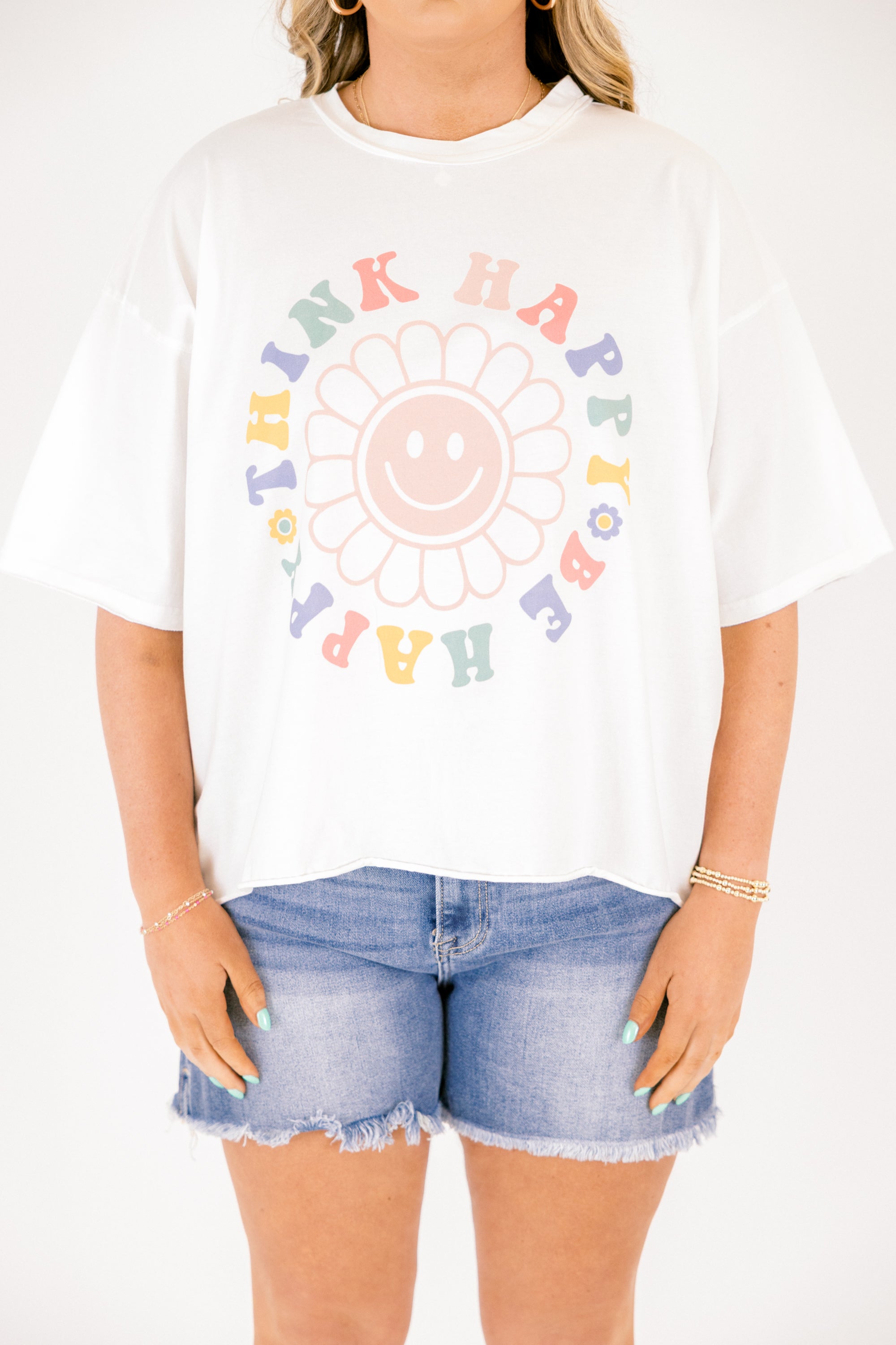 Think Happy Be Happy Vintage Wash Tee, White 4 Think Happy Be Happy Vintage Wash Tee, White - Image 4