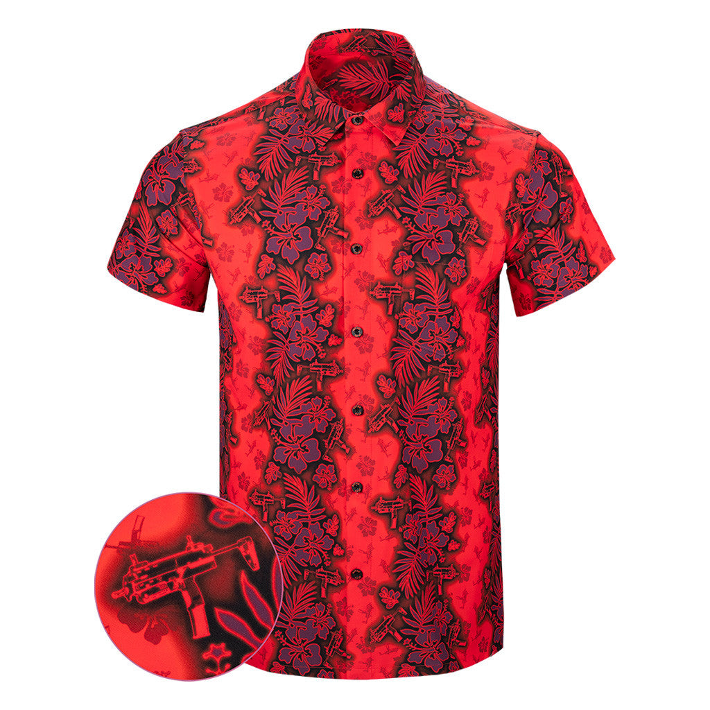 Tropic Aloha Red Button Down Shirt Outdoor Hawaiian Tactical Shirt Gifts For Gun Lovers