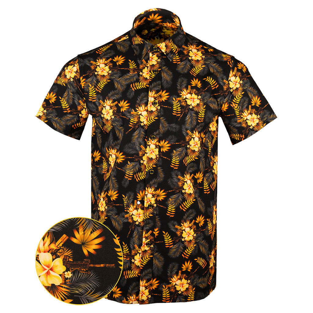 Tropics Black Gold Button Down Shirt Tactical Aloha Print Shirt Pro Gun Merch Gifts For Husband