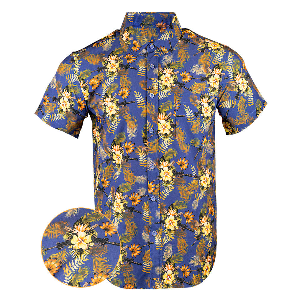 Tropics Blue Gold Button Down Shirt Tactical Aloha Print Shirt Pro Gun Merch Gifts For Dudes