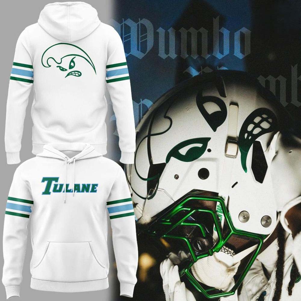 Tulane Green Wave Vintage Angry Wave 2026 White Hoodie Classic Mascot Striped Sleeve Design