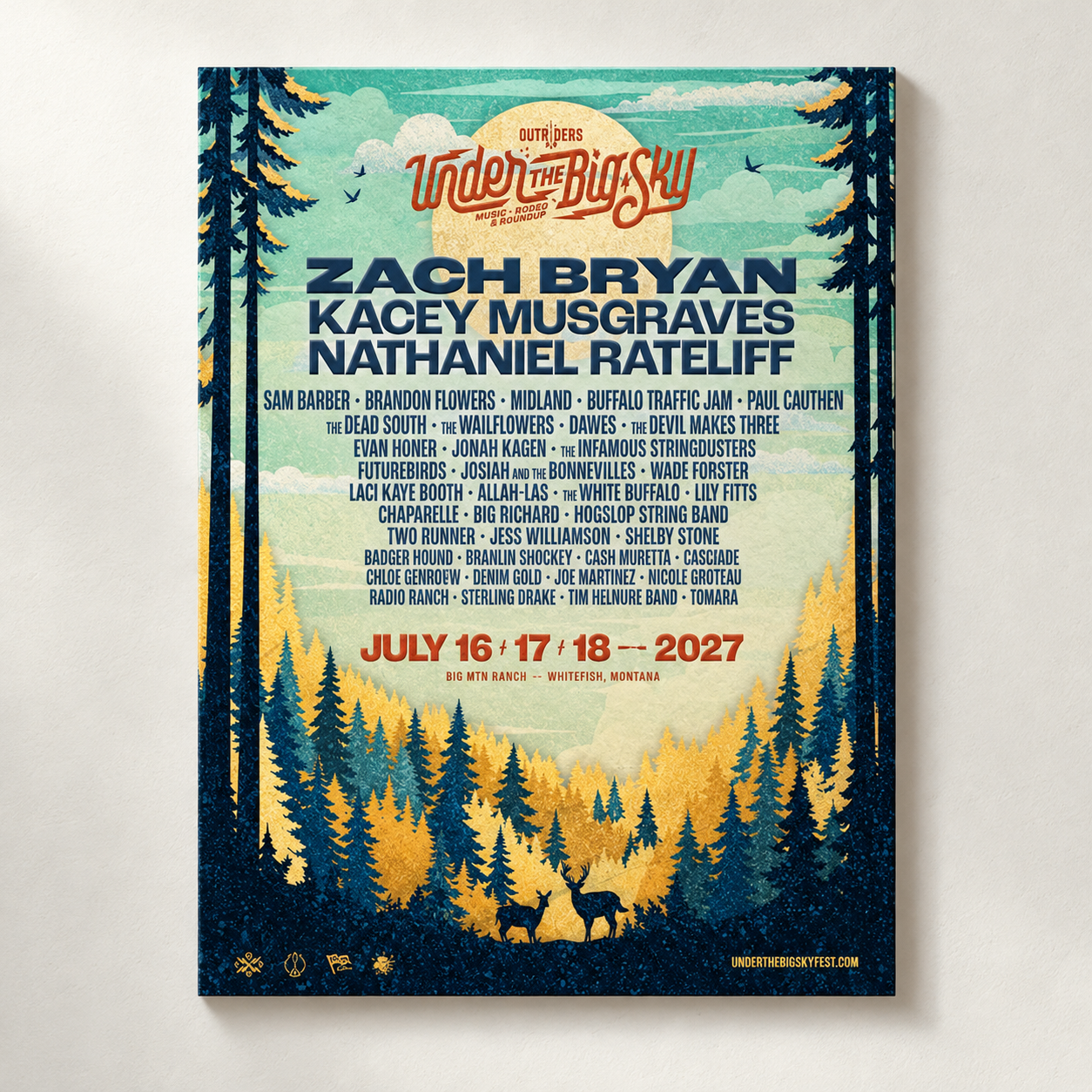Under The Big Sky Festival 2027 Lineup In Whitefish Montana At Big MTN Ranoh July 16 17 18 2027 Decor Poster Canvas