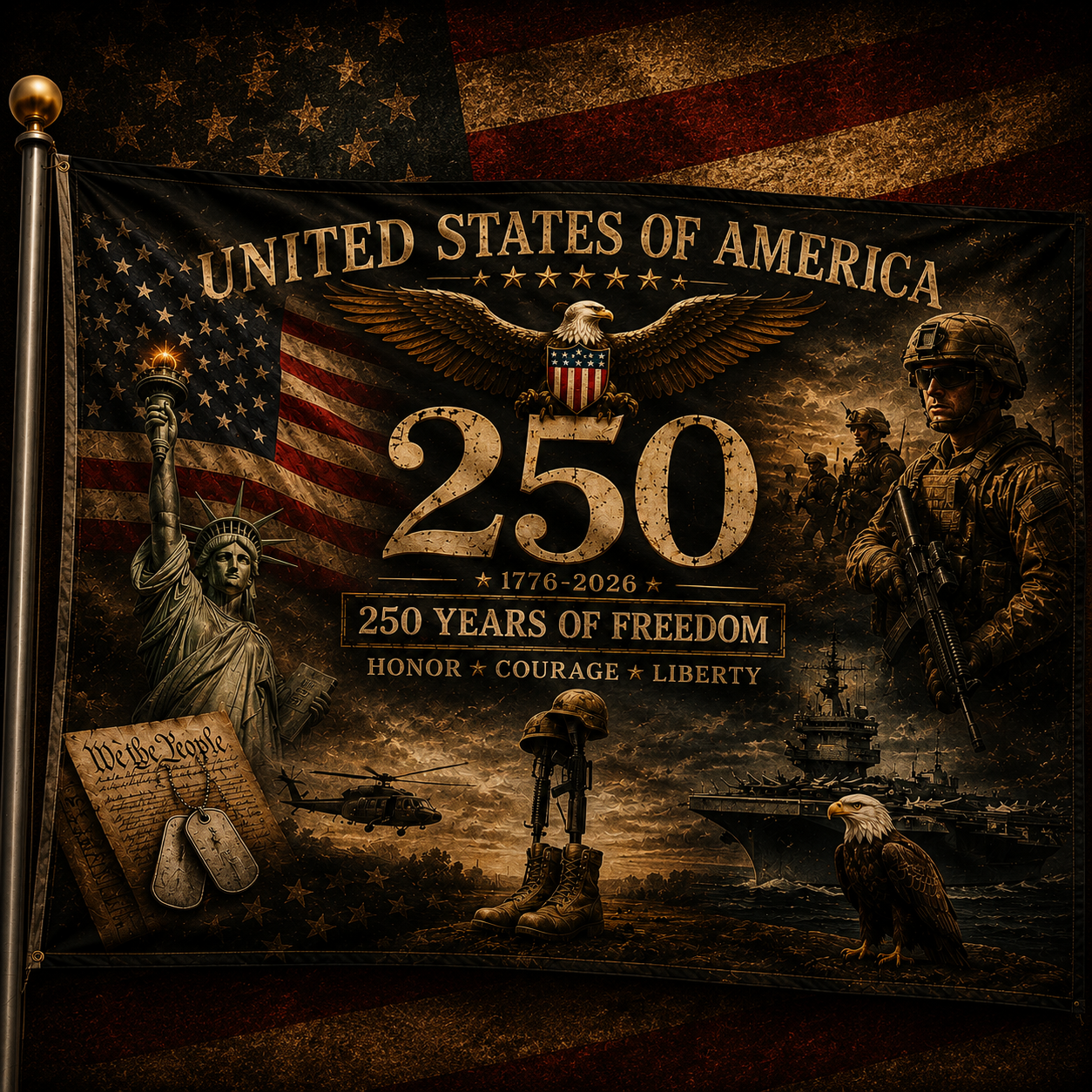 USA 250th Anniversary Flag 1776 2026 Army Navy Warship Banner