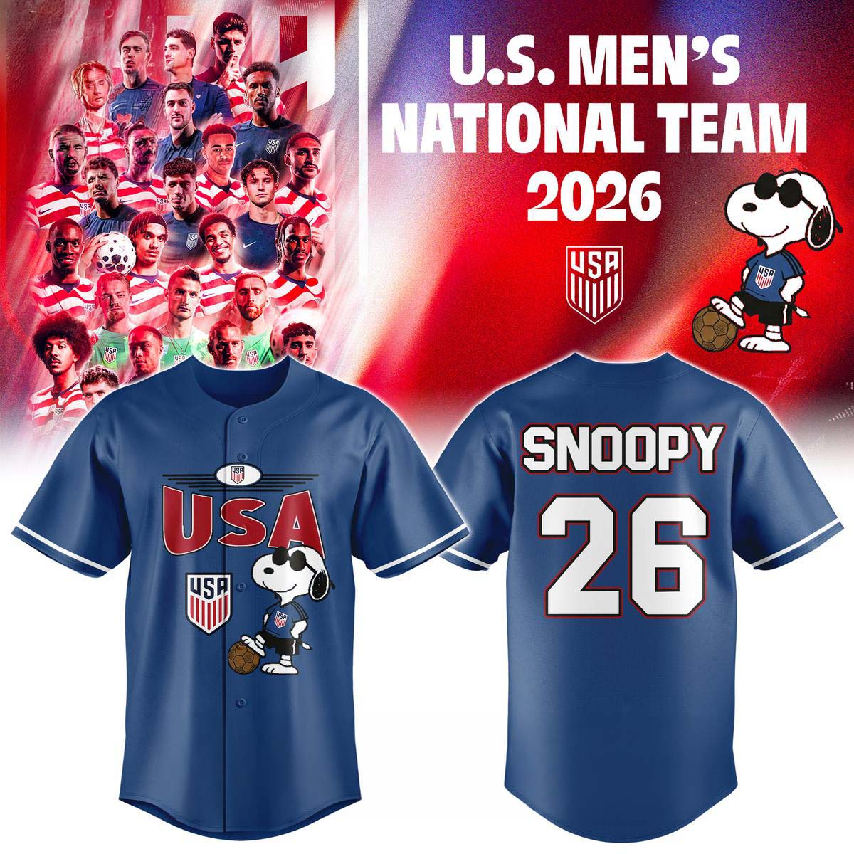 USA Soccer x Peanuts Snoopy 2026 Blue Baseball Jersey Best Gift for Fans