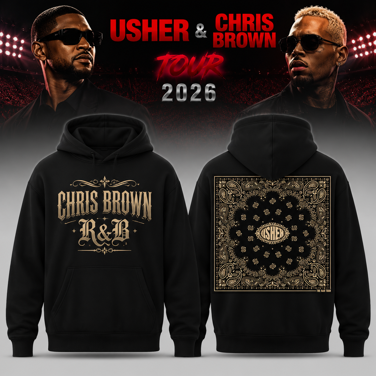 Usher Raymond R&B Tour 2026 Bandana Graphic Black Hoodie Music Fan Gift