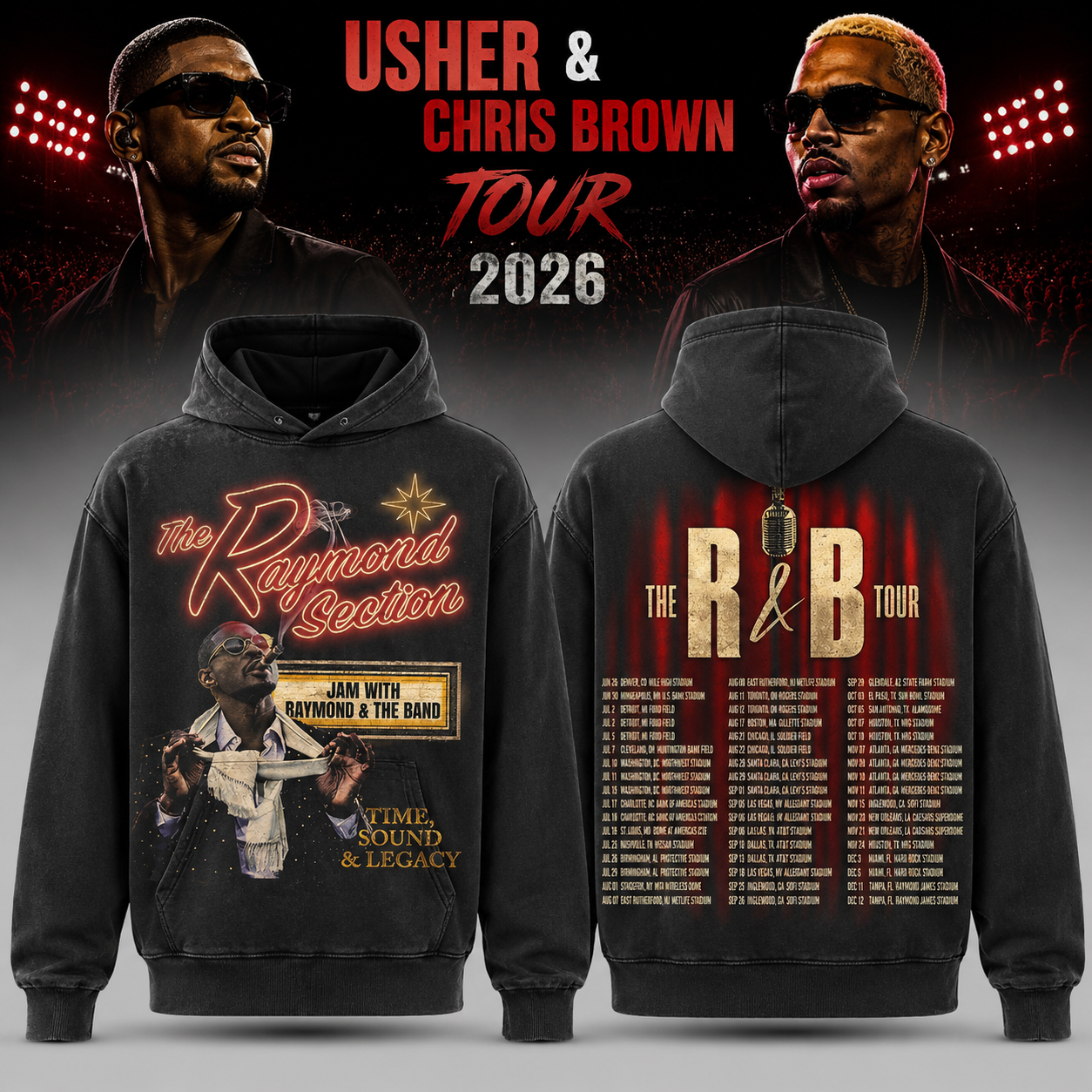 Usher Raymond R&B Tour 2026 Vintage Stage Graphic Black Hoodie Music Fan Gift