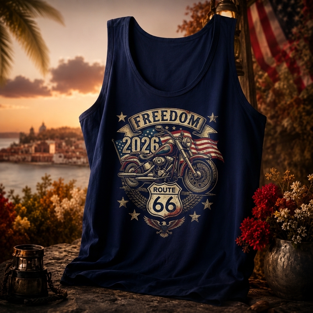 Vintage Supporter USA 2026 Retro Route 66 Freedom Motorcycle Tank Top - Americana Gift