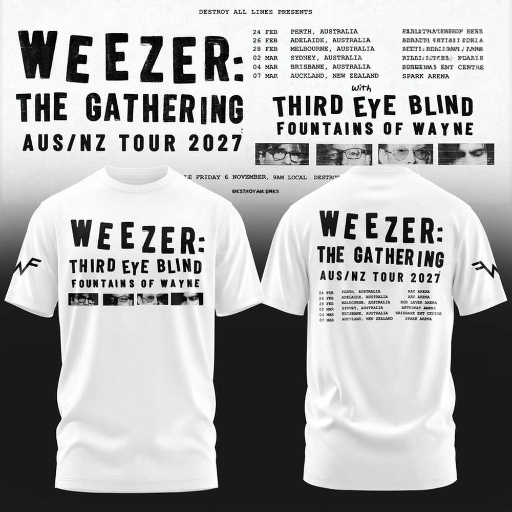 Weezer The Gathering 2027 Australia New Zealand Tour White Dates Graphic T Shirt