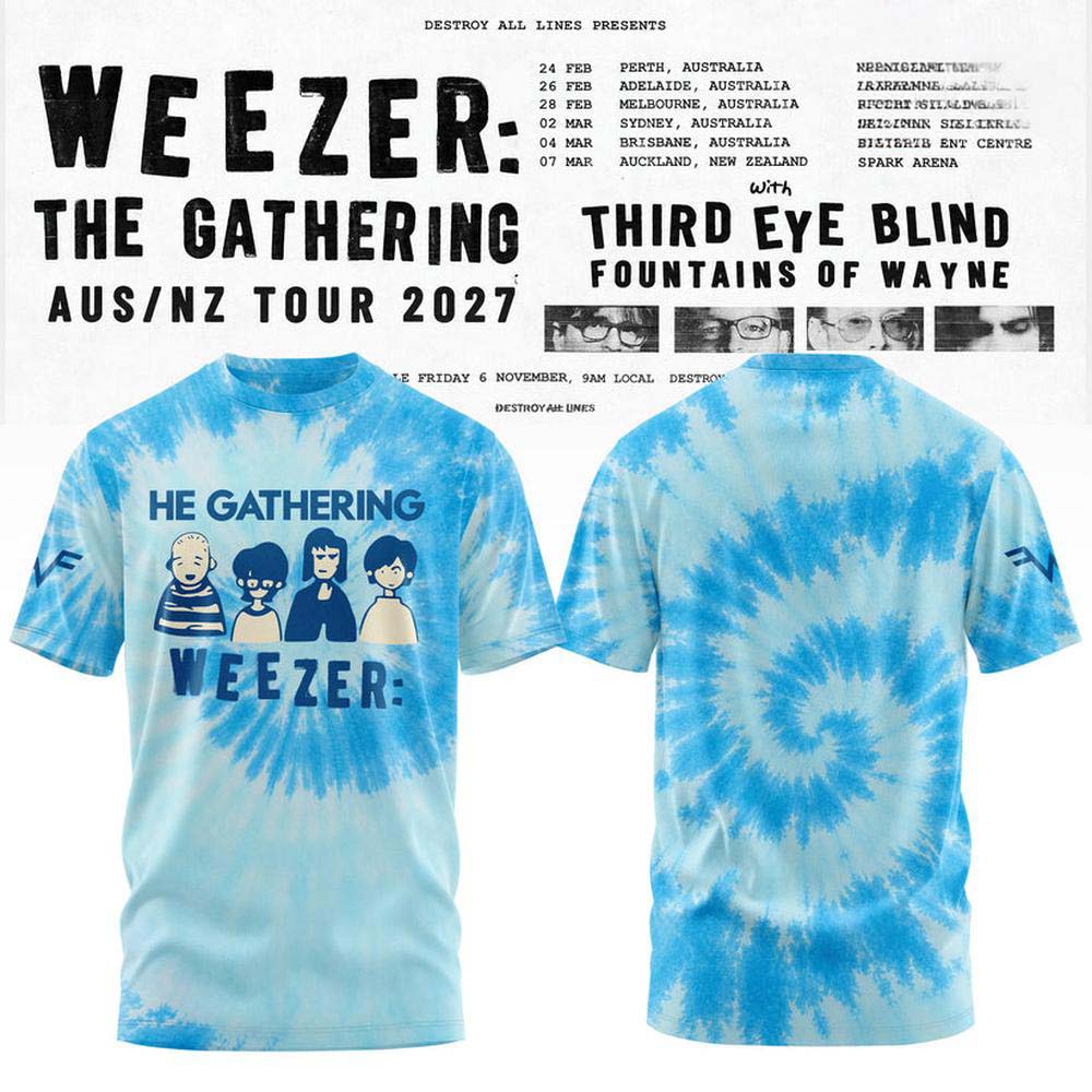 Weezer The Gathering AUS NZ Tour 2027 Blue Tie Dye Cartoon Band Graphic T Shirt