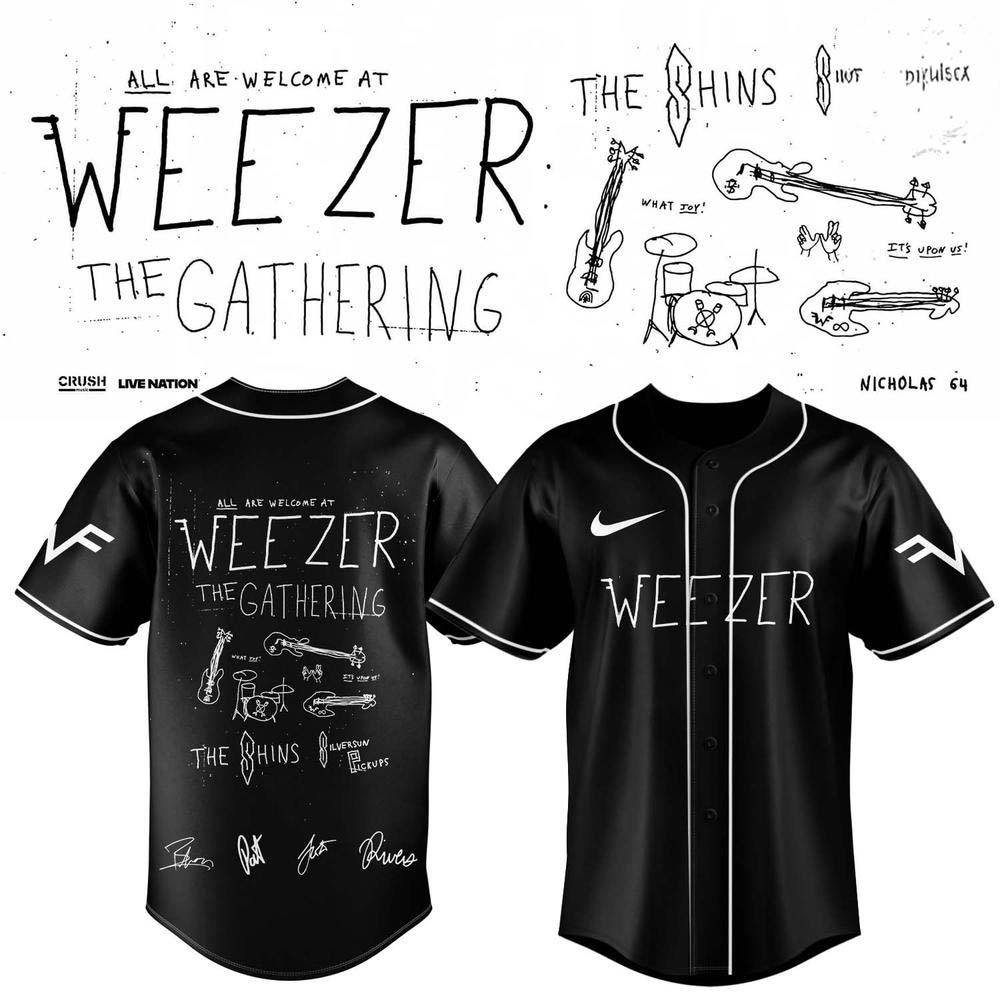 Weezer Hand Drawn Gathering 2026 Black Baseball Jersey Tour Collection 1 - Unicasport Weezer Hand Drawn Gathering 2026 Black Baseball Jersey Tour Collection