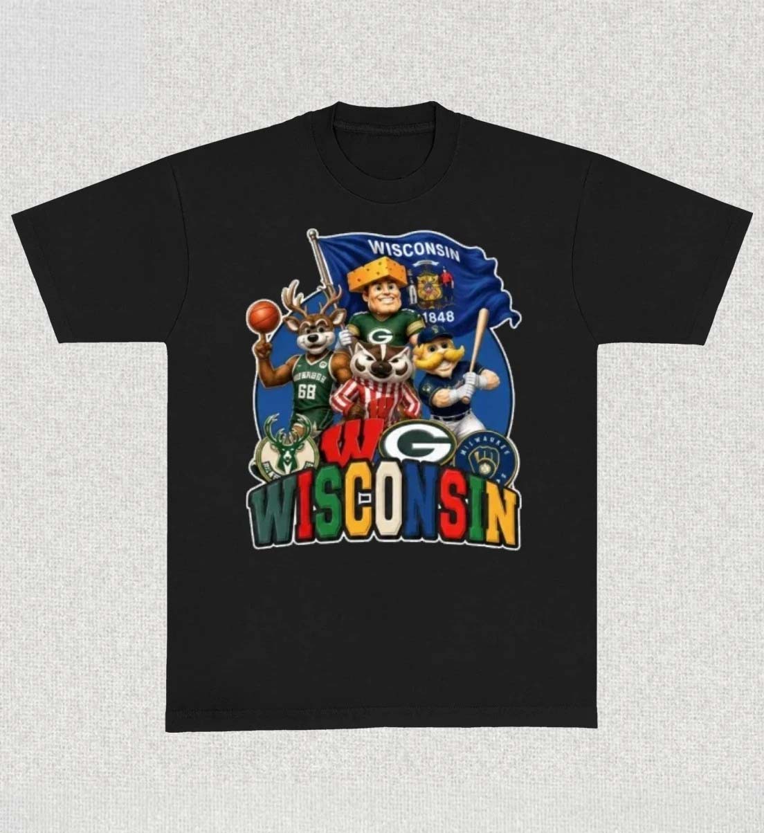 Wisconsin teams Green Bay Packers Milwaukee Bucks Milwaukee Brewers and Wisconsin Badgers Shirt
