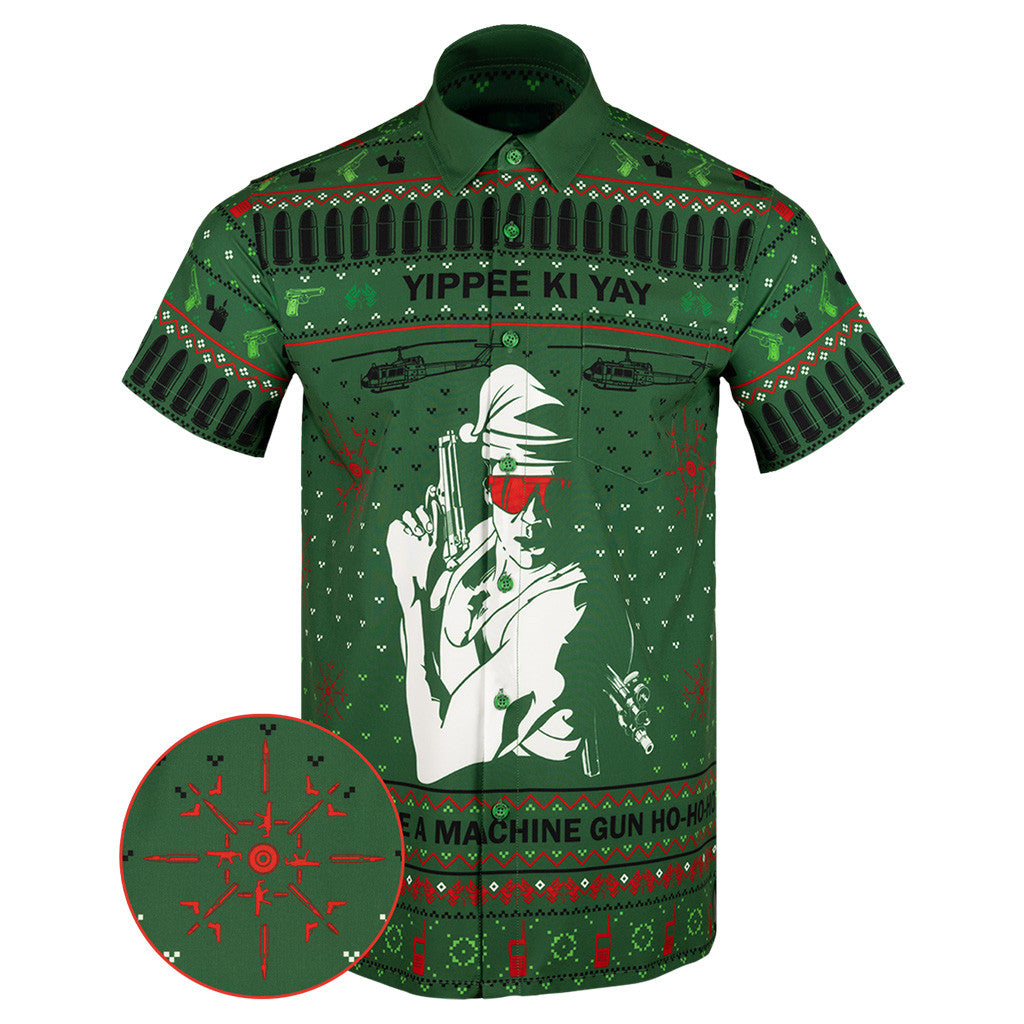 Yippee-Ki-Yay Green Button Down Shirt A Machine Gun Ho Ho Ho Hawaiian Shirt Dad Christmas Gifts